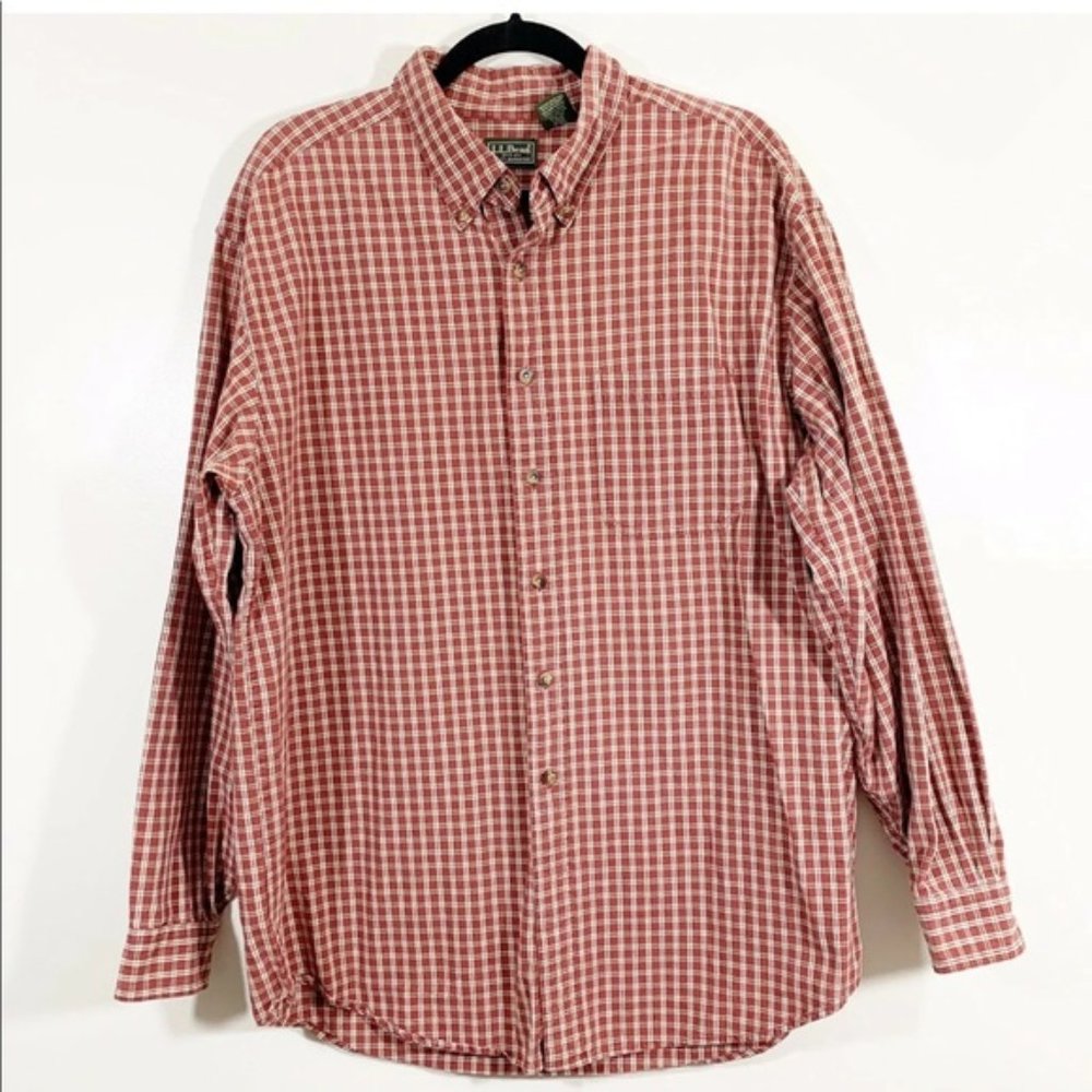 LL Bean L Red Plaid Long Sleeve Button Up